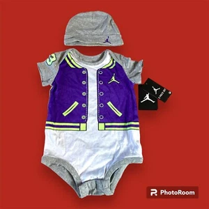 Nuevo con etiquetas Jumpman 23 9-12 meses Air Jordan conjunto de 2 piezas mono con broches gorra gris - Imagen 1 de 10
