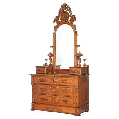 Antique Renaissance Revival Carved Walnut Dresser with Mirror circa 1880 Cover