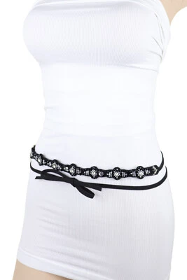 Schwarz Band Wrap Rund Krawatte Abendmode Mode Gürtel Kleid Perlen Größe Xs S M - Bild 1 von 4