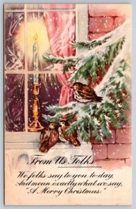 A Merry Christmas, Birds, Window, Candle, Antique Gartner & Bender Postcard - Bild 1 von 2