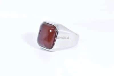 Piedra preciosa de ónix rojo natural con anillo de plata enchapado en oro blanco de 14K para hombre #1319 Foto 1 de 4