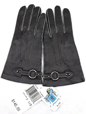 $140 Guantes PORTOLANO Negro Suave Cuero de Cordero Forrados de Seda Hebilla Plateada 7.5 Nuevos con Etiquetas Foto 1 de 4
