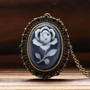 Exquisite Mini Rose Pattern Lady Quartz Pocket Watch Necklace Chain Gift - Picture 1 of 8