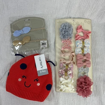 Lot Of Baby Girl Bows & Knitted Ladybug Winter Cap with Bow & Headband Pics NEW - Image 1 of 4