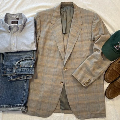 Casaco esportivo vintage Oxxford Clothes masculino 44L cinza bronzeado xadrez bolso 2 botões - Imagem 1 de 4