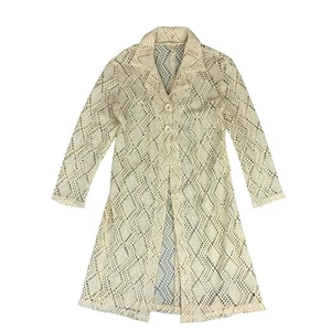 VTG 70s CROCHET KNIT CREAM BOHO RETRO CARDIGAN OVERCOAT DRESS JACKET M 12 - Picture 1 of 7