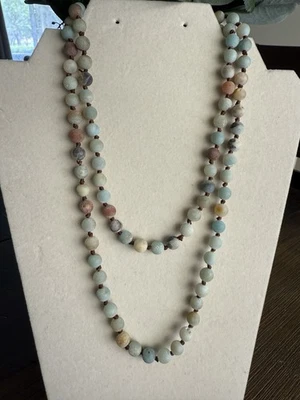 Amazonite stone Necklace Knotted Blue natural Matte beads BOHO Single Strand 60" Foto 1 de 3