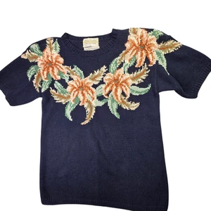 Vintage Marisa Christina Sweater Womens Medium Navy Blue Floral Handknit Cottage - Picture 1 of 12