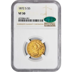 1872-S $5 VF30 NGC CAC Rare San Francisco Gold Eagle - Picture 1 of 5