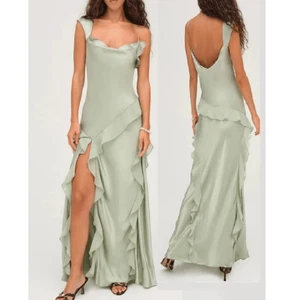 For Love & Lemons Sawyer Satin Maxi Dress Desert Sage Green Small NWT - Picture 1 of 14