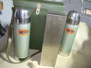 RARE! Antique UNO-VAC Thermos Picnic Set, Matched Pair w/ Lunch Box & Carry Bag - Picture 1 of 12