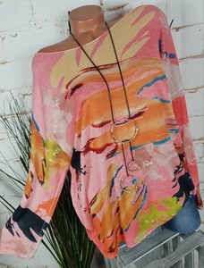 NEU ITALY LEGERER FEINSTRICK PULLI SHIRT MIT BUNTEM PAINT PRINT PINK/GELB 42-46