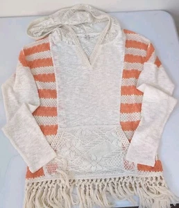 Miss Me Hooded Sweater Womens Medium Orange Crochet Size Small - Picture 1 of 8