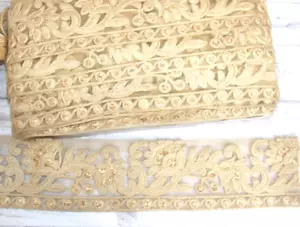 6.5cm metallic gold & beige flower embroidered lace ribbon trimming - Picture 1 of 1
