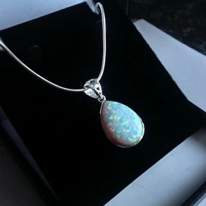 Sterling Silver Big 1” Pear Teardrop Fire Opal Pendant and 18” Chain Necklace - Picture 1 of 8