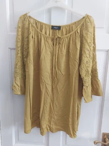Klass Mustardy Green Lace Bell Sleeves Tie Front Blouse Top Size Uk 20 Holiday - Picture 1 of 6