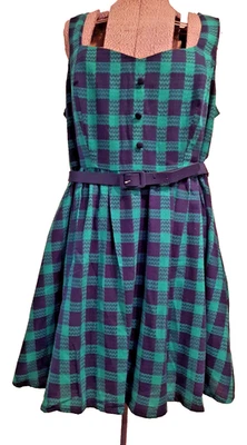 Modcloth Checkered Dress Blue Green Belt Sweetheart Neck 1X 44" Bust 100% Cotton - Image 1 of 4