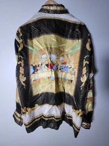 Vintage Shiny Barocco Silk Shirt Gold Black Last Supper Jesus Christ Buttons XL - Picture 1 of 13