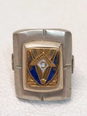 VTG 1940s Masonic Ring Mexico Nickel Copper Alloy Blue Enamel Freemason Sz10 - Image 1 of 4