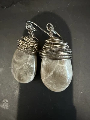 Pendientes de piedra Petoskey en envoltura de alambre tono plata Foto 1 de 3