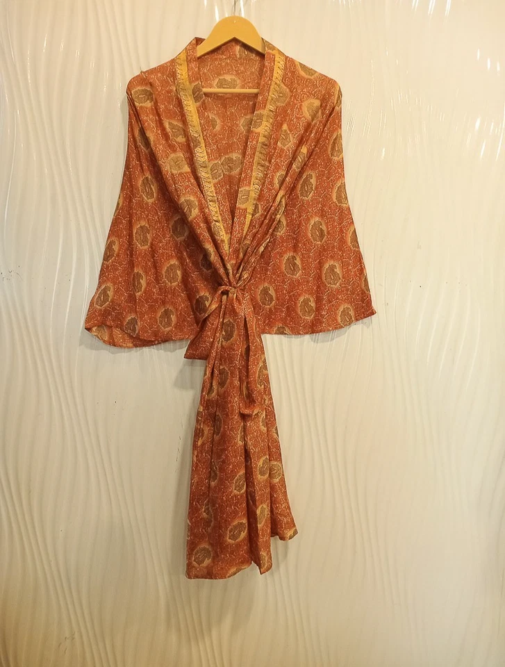Bata midi kimono de seda pura hasta la rodilla vestido kimono de seda naranja MKMO2201 Foto 1 de 4