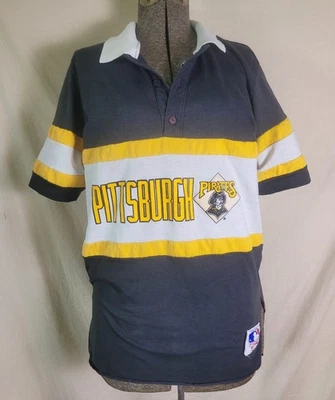 Vintage 80s 90s Nutmeg Mills Pittsburgh Pirates Polo Shirt Striped Black Size L - Image 1 of 4