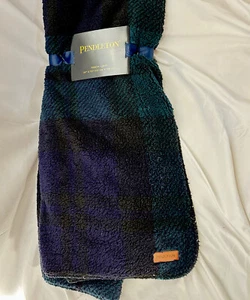 Pendleton Sherpa & Fleece reversible throw Green & Navy plaid Blackwatch NEW - Picture 1 of 4