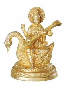 Saraswati Statue Brass Hindu Religious Goddess Sarasvati Idol Wisdom Music 4.8" - Picture 1 of 4
