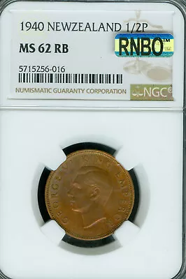 1940 NEW ZEALAND HALF PENNY NGC MS62 RB MAC RNBO OR RAINBOW VERY NICE COLOR . - Image 1 of 2