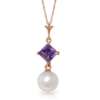 14K. SOLID GOLD NECKLACE WITH NATURAL AMETHYST & PEARL - Image 1 of 4