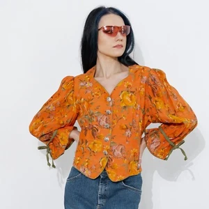 90's Vintage Alphorn retro floral print puff sleeve blazer in orange&green - Picture 1 of 6