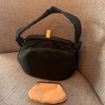 Charming Vintage Black Wool handbag purse w/coinpurse Gold Clasp - Image 1 of 4