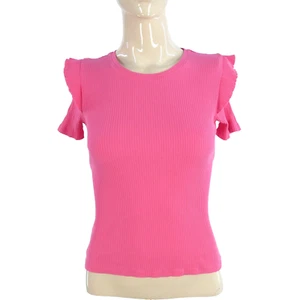 Zara Pink T Shirt Top Tee Short Sleeve Ruffle Detail Ribbed Casual Girls Size M - Picture 1 of 15