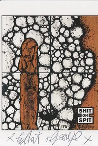 GILBERT AND GEORGE HAND SIGNED 6X4 POSTCARD S**T ON SPIT. - Picture 1 of 1