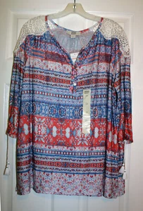 Vintage America Blues Women 2X Plus BOHO Print Lace Shoulder Shirt Top Knit NWT - Picture 1 of 5