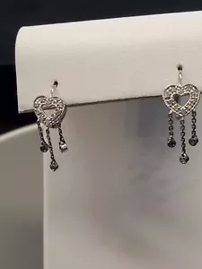 Lovely Dangle Heart Earrings W/0.15ctw Genuine Diamond in 10K White Gold 24 mm - Picture 1 of 24
