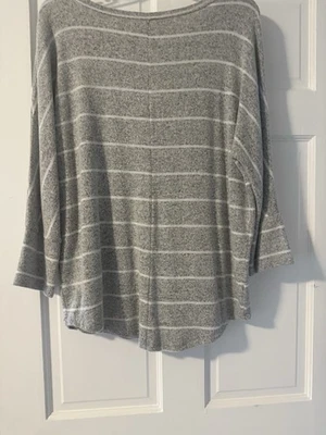 Gray Striped Pullover Sweater with 3/4 Sleeves -super soft, Large - Image 1 of 4