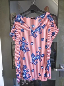 Matalan Red Ivory & Blue Stripe & Floral Chiffon Short Sleeve Top Size 18 - Picture 1 of 8