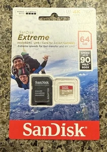 Sandisk Extreme MicroSDXC Card 64GB 4K UHD UHS-1 GoPro 90MB/S 600x Adapter NEW - Picture 1 of 8