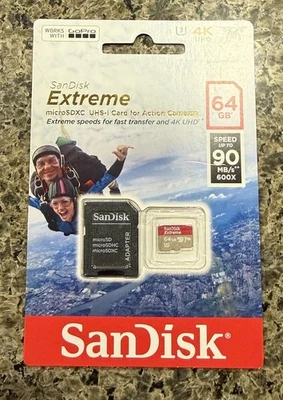 Sandisk Extreme MicroSDXC Card 64GB 4K UHD UHS-1 GoPro 90MB/S 600x Adapter NEW - Image 1 of 4