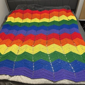 Handmade Crochet Chevron Afghan Blanket – Rainbow Multicolor – 6’ X 6’ - Picture 1 of 5