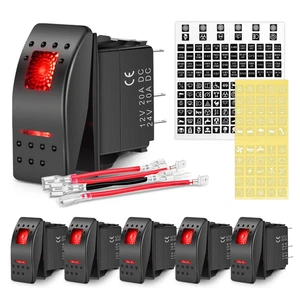 6 Pack Rocker Switches with Night Glow Stickers 5 PIN SPST Red Backlit 12V/24V T - Picture 1 of 9
