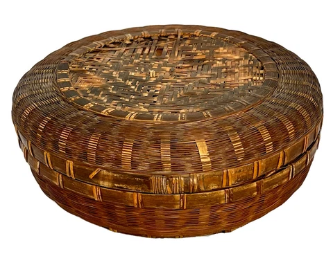 Vintage Antique Round Sewing Basket With Lid Dark Brown Wicker Woven 10" Cover
