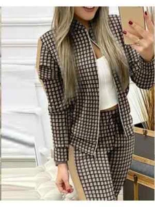 Set Woman 2 Pieces Trouser Suits Zipper Jacket Pants Tracksuits Women Patchwork - Picture 1 of 32