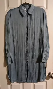 Glam Apparel Blue Tunic Blouse M Long Sleeve Satin Button Down Wear to Work - Picture 1 of 5