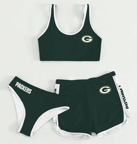 Green Bay Packers 3PCs Summer Bikini Swimsuit with Shorts Athletic Swimwear Cover