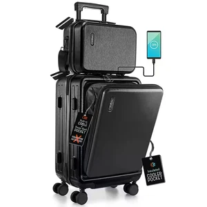 2-Piece Black Hard Carry-On Weekender Luggage Set Expandable Spinner Airline App - Picture 1 of 12