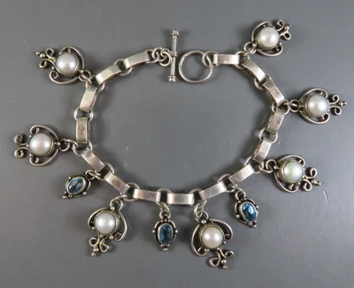 STERLING SILVER BRACELET Charm Dangles BLUE TOPAZ & WHITE PEARLS Book Chain 7" - Image 1 of 4
