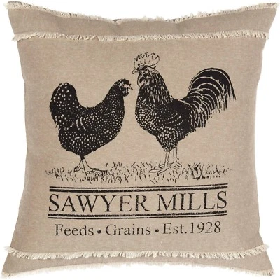 18" Vintage-Style Rooster & Hen Grain Sack Pillow Fringed Tan Cotton Sawyer Mill - Image 1 of 4