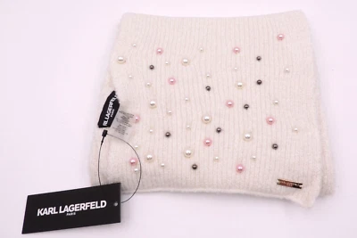NEW Karl Lagerfeld Paris Cream Knit Designer Scarf Faux Pearls Luxe Metallic $78 - Image 1 of 4